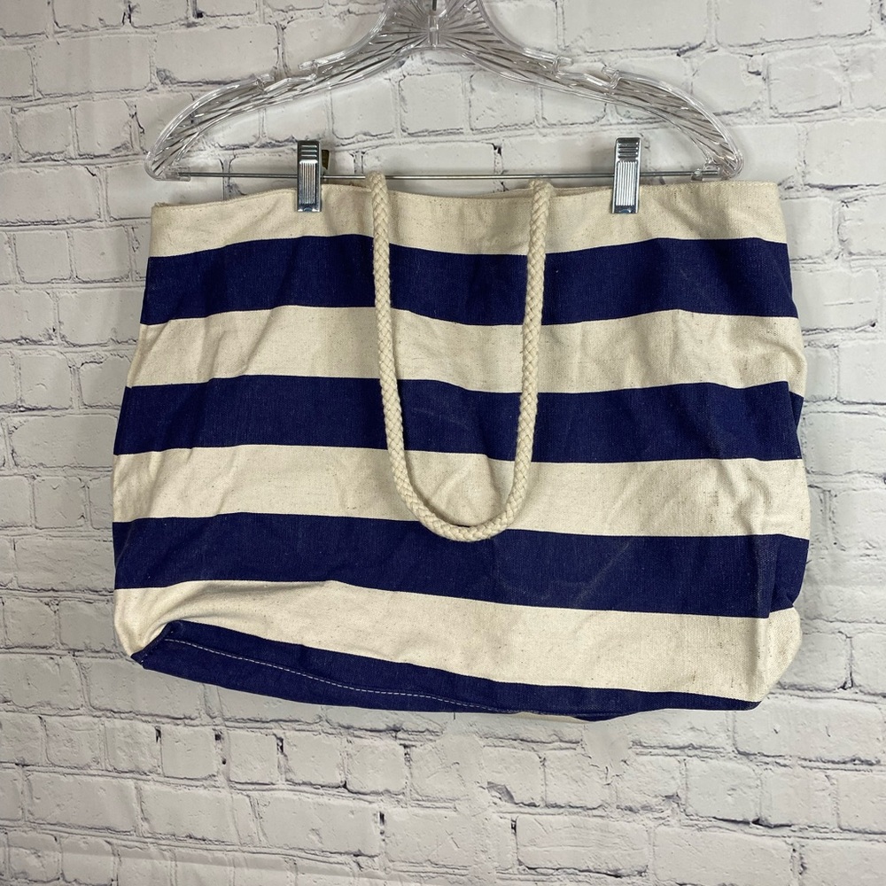 Navy and cream large canvas tote bag